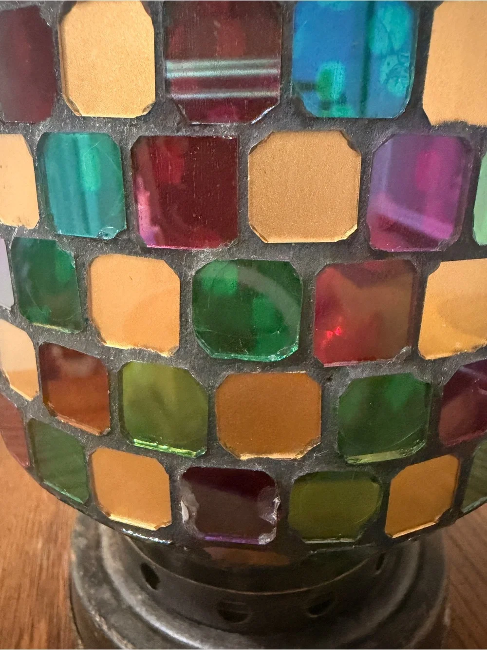 Multicolor Mosaic Glass Lantern Candle Holder Metal Boho Moroccan Style 14.5”*9”